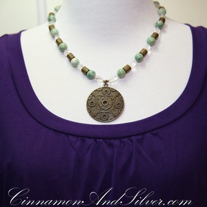 Jade Necklace with Quartz & Bronze, Oriental Chinese Medallion Necklace, Chunky Beaded Boho Gemstone Necklace, Statement Pendant Necklace image 10