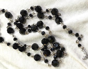 Black Glass Beaded Rosary Necklace with Small Cross Pendant, Vintage Inspired Catholic Religious Jewelry
