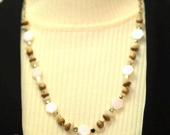 Mother of Pearl and Wood Beaded Hexagon Necklace, Handmade Beach Boho Jewelry