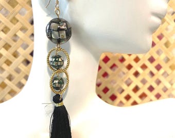 Black Abalone Mosaic Tassel Earrings | 14K Gold Inlaid Shell Dangle Earrings | Handmade Statement Jewelry