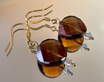 Sparkling Brown 14K Gold Earrings, Brown Crystal Wave Drop Earrings, Chocolate Chip Round Crystal Drop Earrings