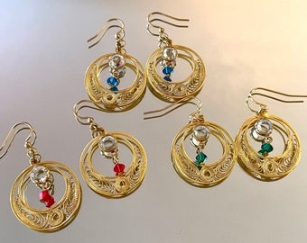 Crystal Moon Hoop Earrings with Gold Filigree, Sparkling Birthstone Dangle Earrings, Boho Beaded Earrings, Handmade Earrings