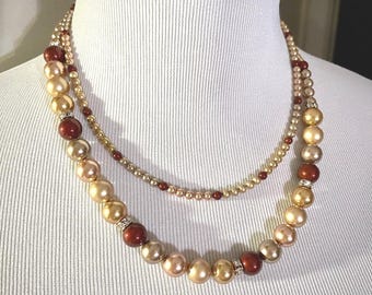 Swarovski Austrian Crystal & Glass Pearl Necklace Set | Two-Strand Burgundy and Gold Opera Necklace | Handmade Formal Jewelry