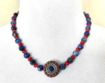 Blue Sodalite & Red Coral Necklace | Tribal-Inspired Nepalese Tibetan Handmade Gemstone Necklace with Sterling Silver Accents