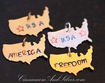 America Stamped Retro Pendants for July Fourth, USA Map Patriotic Stamped Pendant Tags, Custom Stamped United States Map Jewelry