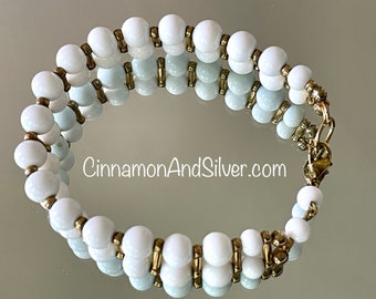 White and Gold Vintage Glass Beaded Bracelet, Upcycled White Bracelet, Work Bracelet, Handmade Jewelry