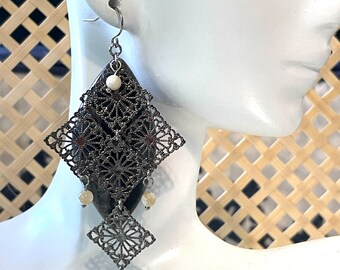 Black Silk Stone Marquis Earrings with Mother of Pearl Drops and Filigree Links, Big Bold Statement Dangle Earrings, Black Gemstone Earrings