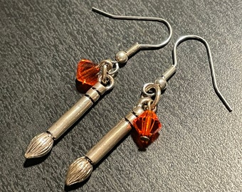 Artist Paintbrush & Crystal Drop Earrings, Orange Crystal Earrings, Painter Earrings, Artist Earrings, Gift for Artist, Paintbrush Earrings