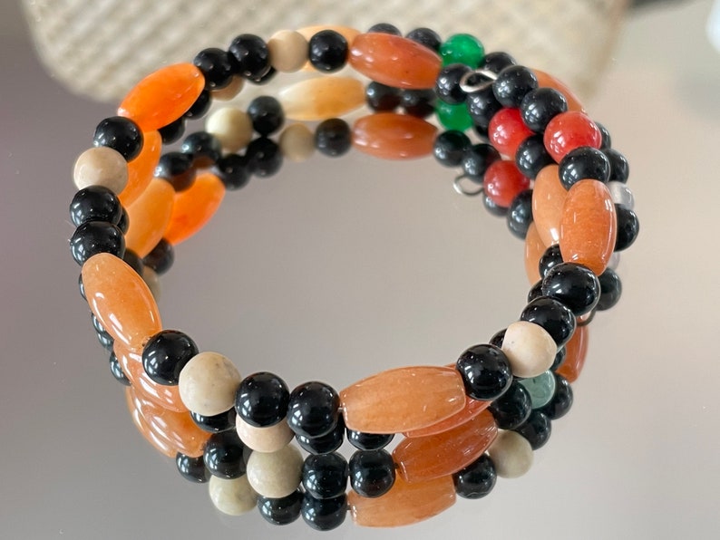 Mixed Aventurine Bracelet, Black/Orange Beaded Bangle, Halloween Memory Wire Bracelet, Gemstone Stacking Bracelet, Adjustable Coil Bracelet image 1