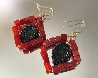 Carnelian & Onyx Leaf Dangle Earrings | 14K Gold Geometric Gemstone Earrings | Handmade Fall Jewelry