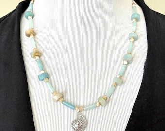Amazonite & Mother of Pearl Necklace | Sterling Silver Nautilus Pendant | Handmade Coastal Gemstone Jewelry