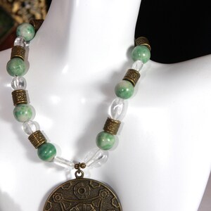 Jade Necklace with Quartz & Bronze, Oriental Chinese Medallion Necklace, Chunky Beaded Boho Gemstone Necklace, Statement Pendant Necklace image 7