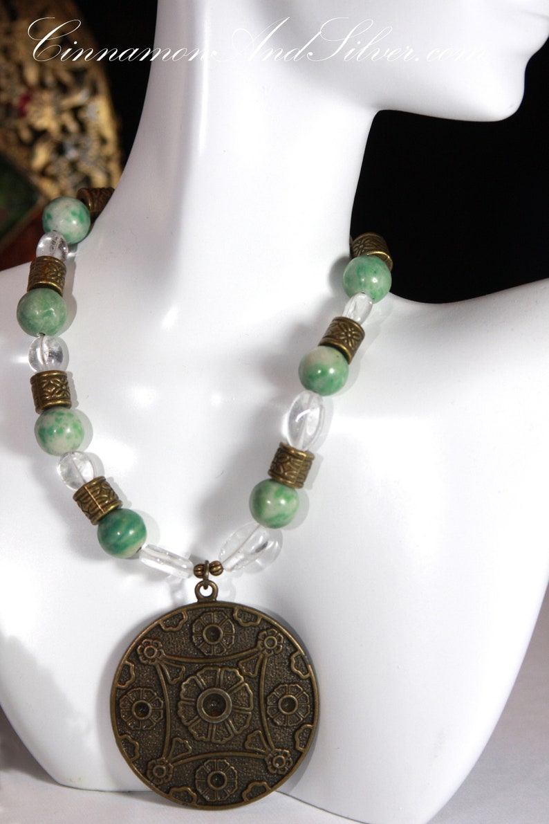 Jade Necklace with Quartz & Bronze, Oriental Chinese Medallion Necklace, Chunky Beaded Boho Gemstone Necklace, Statement Pendant Necklace image 7