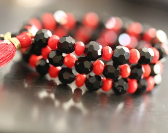 Red Coral & Black Memory Wire Bracelet | Handmade Gothic Wrap Bracelet | Victorian-Inspired Beaded Jewelry