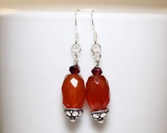 Red Agate and Garnet Gemstone Earrings,  Drop Earrings, Orange Crystal Stone Drop Earrings, Sterling Silver, Gift Earrings for Fall