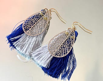 Blue Silk Tassel Alder Leaf Earrings | Stainless Steel Statement Earrings | Handmade Boho Nature-Inspired Jewelry