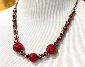 Red-Dyed Coral Rose & Dalmatian Jasper Necklace | Gunmetal Statement Necklace | Handmade Floral Gemstone Jewelry