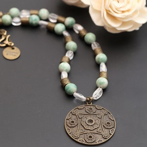 Jade Necklace with Quartz & Bronze, Oriental Chinese Medallion Necklace, Chunky Beaded Boho Gemstone Necklace, Statement Pendant Necklace image 5