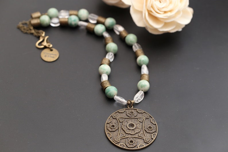 Jade Necklace with Quartz & Bronze, Oriental Chinese Medallion Necklace, Chunky Beaded Boho Gemstone Necklace, Statement Pendant Necklace image 5