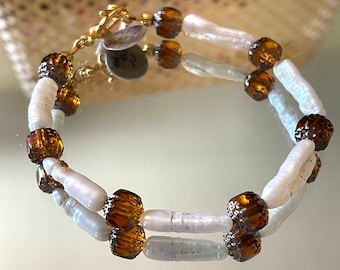 Stick Pearl & Glass Bracelet, Pearl Beaded Bracelet, Brown Neutral Bracelet, Handmade Jewelry, Classy Bracelet