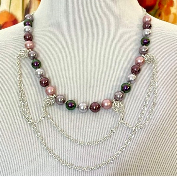 Purple Pearl Bib Necklace, Lilac/Lavender/Plum/Orchid Ombre Swarovski Crystal Pearl Beaded Necklace, Mother's Day Gift