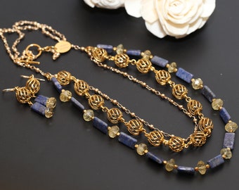 Lapis Lazuli and Citrine Necklace, Multi-Strand Beaded Gemstone Necklace, Formal Occasion Jewelry, Renaissance Bride, Victorian Jewelry