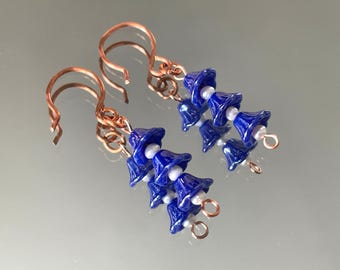 Cobalt Blue Glass Flower Earrings | Cultured Freshwater Pearl Dangle Earrings | Copper Fishhook Ear Wires | Handmade Garden Jewelry