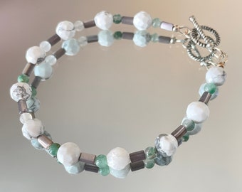Howlite/Mother of Pearl Shell/Moss Agate Bracelet, Gemstone Beaded Bracelet, Jewelry, Grey Gemstone Bracelet, Boho Stone Jewelry
