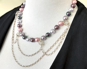 Collana con perle finte sfumate viola, perle di cristallo Swarovski, collana elegante realizzata a mano con perline.
