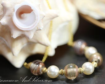 Brown & Gold Lampwork Glass Necklace | Vintage-Inspired Faux Pearl Necklace | Handmade Nautical Beaded Jewelry