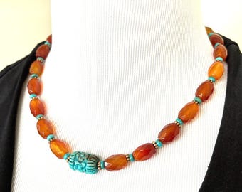 Red Agate & Turquoise Necklace | Carved Floral Turquoise Pendant | Copper Handmade Bohemian Gemstone Necklace