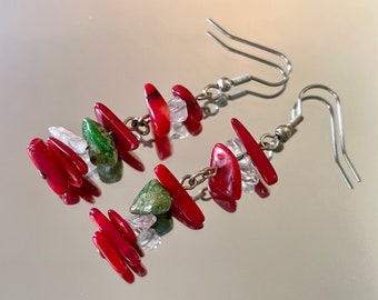 Modern Art Dangle Earrings, Red Coral Earrings, Gemstone Earrings, Red Dangle Earrings, Red Gemstone Earrings