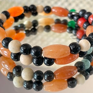 Mixed Aventurine Bracelet, Black/Orange Beaded Bangle, Halloween Memory Wire Bracelet, Gemstone Stacking Bracelet, Adjustable Coil Bracelet image 7