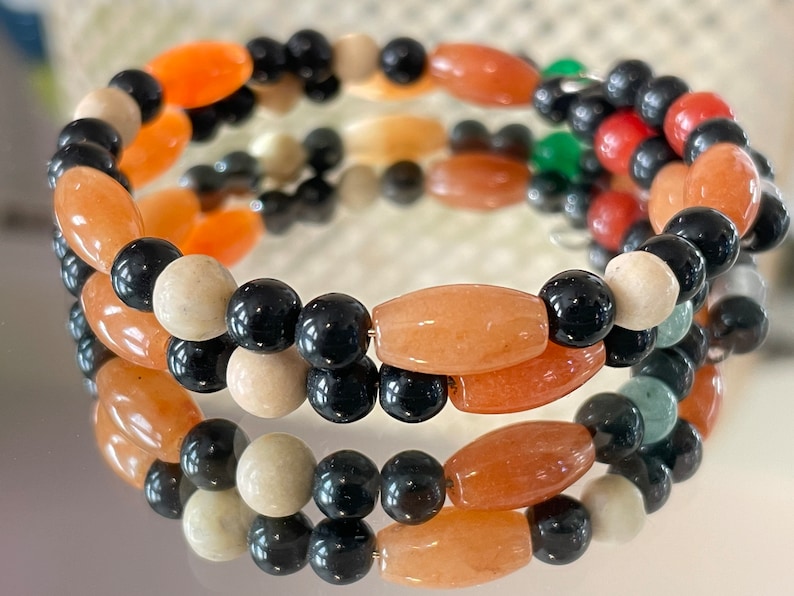 Mixed Aventurine Bracelet, Black/Orange Beaded Bangle, Halloween Memory Wire Bracelet, Gemstone Stacking Bracelet, Adjustable Coil Bracelet image 7