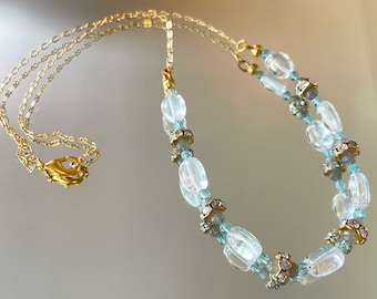 Aquamarine/Labradorite/Quartz Gemstone Necklace, PrincessCore Beaded Prom Necklace, Delicate Stone Necklace,