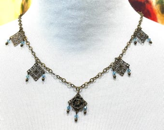 Blue Crystal and Rose Bronze Boho Statement Necklace, Vintage Style Handmade Beaded Jewelry