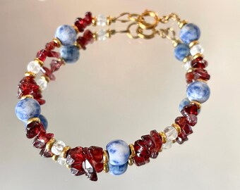 Garnet, Quartz and Sodalite Bracelet | Handmade Red, White & Blue Gemstone Bracelet | Patriotic Beaded Jewelry