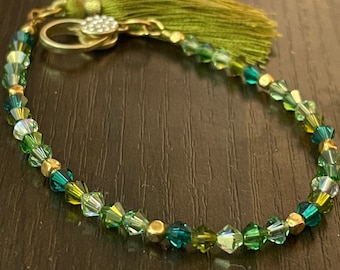 Green Ombre Crystal Bracelet, Slim Crystal Boho Bracelet, Vintage Olive Green Crystal Tassel Bracelet, Bracelet for Prom, Wedding, Occasion
