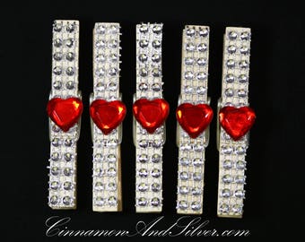 Glam Sparkle Hearts Rhinestone Clothespin Clips for Valentine's Decor, Bling Hearts Magnet Photo or Recipe Clip for Classroom or Office