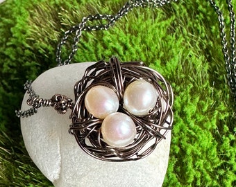 Antique Brass, Bird Nest, Necklace, Gifts, With White Pearls.