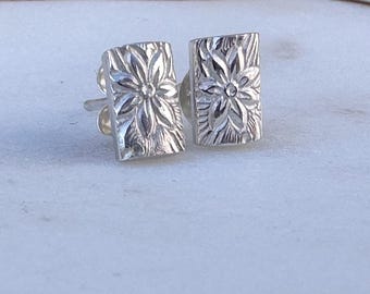 Sterling Silver Floral; Pattern Stud Statement; Earrings; Gift For A Flower Lover
