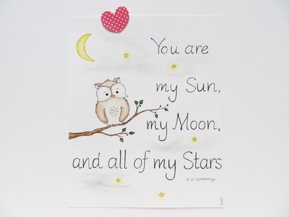 Nursery Owl Original Painting Sun Moon Stars Quote Print Etsy