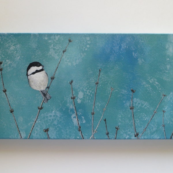 Acrylic painting, Nature and Lace, chickadee painting, original art, animal painting