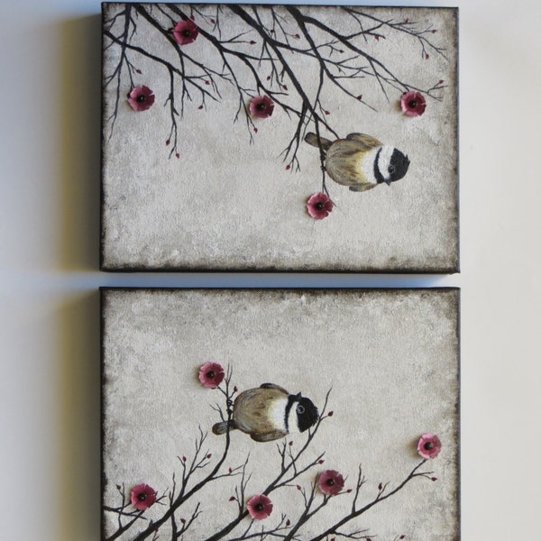 Acrylic paintings, animal paintings, canvas paintings, Chickadee Friendship, birds in the woods