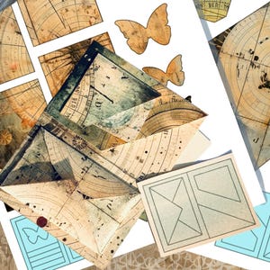 May include: An assortment of craft supplies, including paper cutouts with a vintage map design, butterfly shapes, and a pair of scissors. The color palette includes shades of brown, beige, and blue, creating an antique aesthetic.