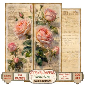 Diário Cottage Rose Alto e Magro, Meio Dobrado, Folha de 64 Páginas para Impressão, Álbum de Recortes Digital de Jardim, Papel para Artesanato com Tema de Natureza