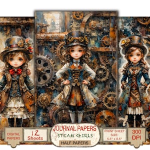 Garota Steampunk Digital Meia Página para Diário de Junk para Impressão Scrapbooking Papel Vitoriano Cartão de Felicitações Faça Você Mesmo Download Instantâneo.