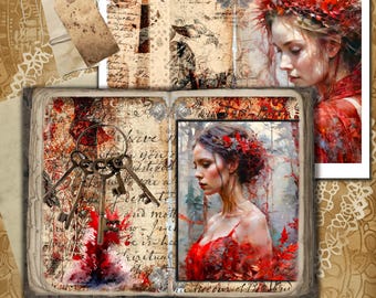 Romantisches Junk Journal zum Ausdrucken, mit wunderlichen Ladies im Wald, Vintage-inspirierte Ephemera für kreatives Journaling