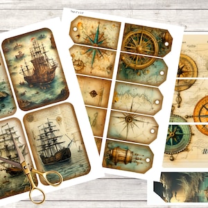 Ensemble d'éphémères marins imprimables Journal indésirable, étiquettes de scrapbooking, pochettes pour cartes, téléchargement numérique, paquet de papier de scrapbooking, impression et découpe