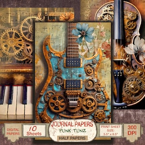 10 Steampunk Gitaar Papier Collage Afdrukbare Junk Journal Half Papers Vintage Viool Plakboekpagina's DIY Kaarten POD Sublimatie
